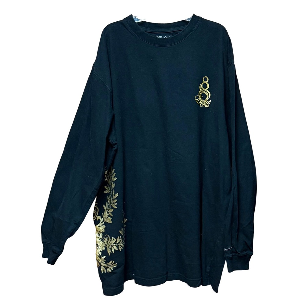 Vintage‎ Eight 732 Black Long Sleeve Cotton T Shirt Men's 2XL Gold Graphic Y2K